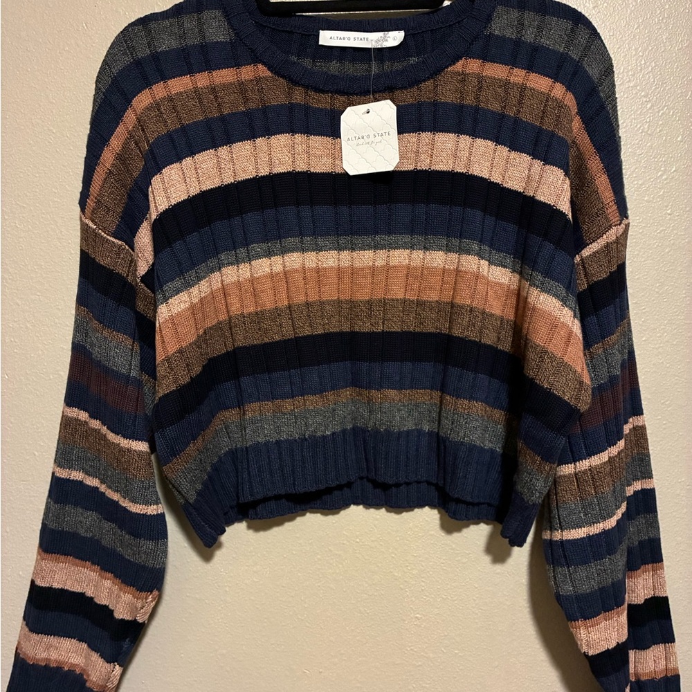 NWT Altar’d State Cropped Blue Multicolored Sweater -Large, new with tags
